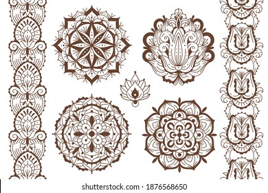 Mehndi elements. Ethnic temporary henna tattoo elegant brown ornaments, oriental seamless borders and mandalas, indian traditional floral laces design, tribal hand decor template vector isolated set