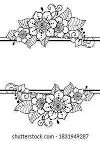 Mehndi flower and border pattern for henna drawing and tattoo. Decorative Doodle ornament in ethnic Oriental, Indian style. For design of greeting cards for a wedding, posters.