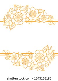 Mehndi flower and border pattern for henna drawing and tattoo. Decorative Doodle ornament in ethnic Oriental, Indian style. For design of greeting cards for a wedding, posters.