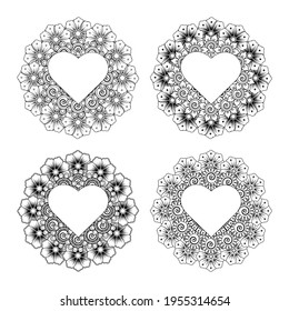Mehndi flower with frame in shape of heart. Mehndi flower for henna, mehndi, tattoo, decoration. decorative ornament in ethnic oriental style. doodle ornament. outline hand draw illustration. coloring