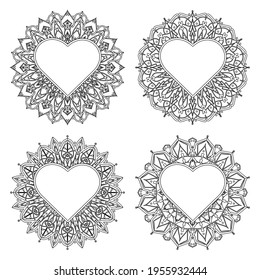 Mehndi Blume mit Rahmen in Form von Herz. Mehndi Blume für Henna, Mehndi, Tattoo, Dekoration. dekorative Ornamente im ethnisch-orientalischen Stil. Doodle-Ornament. Umrisshandzeichnung. Färbung