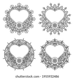 Mehndi flower with frame in shape of heart. Mehndi flower for henna, mehndi, tattoo, decoration. decorative ornament in ethnic oriental style. doodle ornament. outline hand draw illustration. coloring