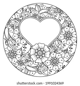 Mehndi flower with frame in shape of heart for henna, mehndi, tattoo, decoration. decorative ornament in ethnic oriental style. doodle ornament. coloring book page.
