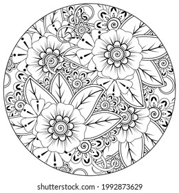 Mehndi flower with frame in shape of heart for henna, mehndi, tattoo, decoration. decorative ornament in ethnic oriental style. doodle ornament. coloring book page.