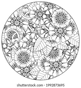 Mehndi flower with frame in shape of heart for henna, mehndi, tattoo, decoration. decorative ornament in ethnic oriental style. doodle ornament. coloring book page.
