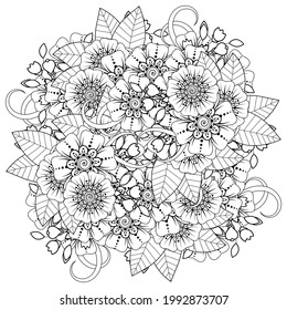 Mehndi flower with frame in shape of heart for henna, mehndi, tattoo, decoration. decorative ornament in ethnic oriental style. doodle ornament. coloring book page.