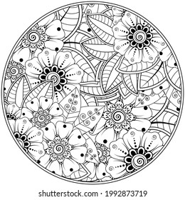 Mehndi flower with frame in shape of heart for henna, mehndi, tattoo, decoration. decorative ornament in ethnic oriental style. doodle ornament. coloring book page.