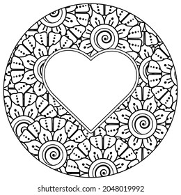 mehndi flower with frame in shape of heart. decoration in ethnic oriental, doodle ornament.