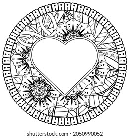 flor mehndi con marco en forma de corazón. decoración étnica oriental, adorno de doodle.