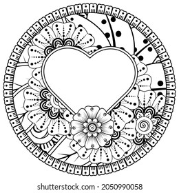 flor mehndi con marco en forma de corazón. decoración étnica oriental, adorno de doodle.