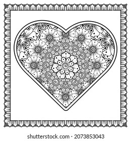 mehndi flower with frame in shape of heart. decoration in ethnic oriental, doodle ornament.