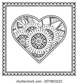 mehndi flower with frame in shape of heart. decoration in ethnic oriental, doodle ornament.