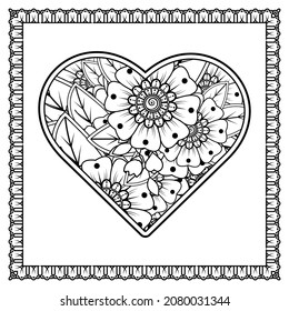 Mehndi flower with frame in shape of heart. decoration in ethnic oriental, doodle ornament.