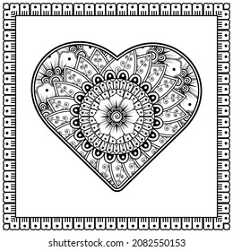 Flor de Mehndi con marco en forma de corazón. decoración étnica oriental, adorno de doodle.