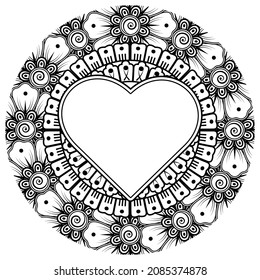 Mehndi flower with frame in shape of heart. decoration in ethnic oriental, doodle ornament.
