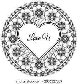 Flor de Mehndi con marco en forma de corazón. decoración étnica oriental, adorno de doodle.