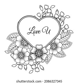 Mehndi flower with frame in shape of heart. decoration in ethnic oriental, doodle ornament.