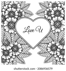 Flor de Mehndi con marco en forma de corazón. decoración étnica oriental, adorno de doodle.