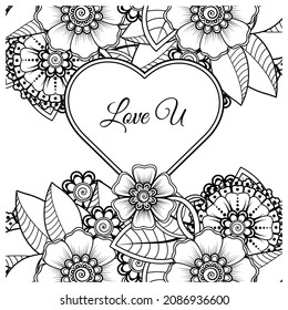 Mehndi flower with frame in shape of heart. decoration in ethnic oriental, doodle ornament.