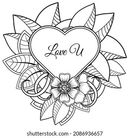 Mehndi flower with frame in shape of heart. decoration in ethnic oriental, doodle ornament.