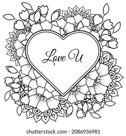 Flor de Mehndi con marco en forma de corazón. decoración étnica oriental, adorno de doodle.