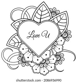 Flor de Mehndi con marco en forma de corazón. decoración étnica oriental, adorno de doodle.