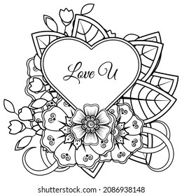 Mehndi flower with frame in shape of heart. decoration in ethnic oriental, doodle ornament.