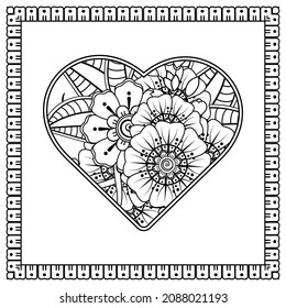 Mehndi flower with frame in shape of heart. decoration in ethnic oriental, doodle ornament.