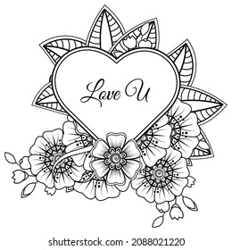 Mehndi flower with frame in shape of heart. decoration in ethnic oriental, doodle ornament.