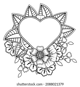 Flor de Mehndi con marco en forma de corazón. decoración étnica oriental, adorno de doodle.