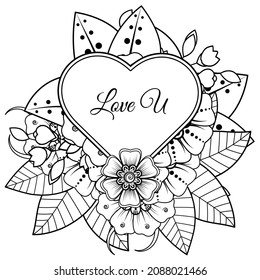 Mehndi flower with frame in shape of heart. decoration in ethnic oriental, doodle ornament.