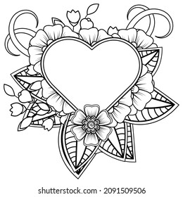 Mehndi flower with frame in shape of heart. decoration in ethnic oriental, doodle ornament.