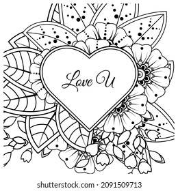 Mehndi flower with frame in shape of heart. decoration in ethnic oriental, doodle ornament.