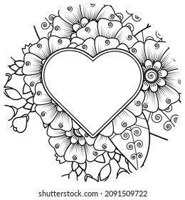 Flor de Mehndi con marco en forma de corazón. decoración étnica oriental, adorno de doodle.