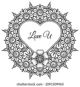 Flor de Mehndi con marco en forma de corazón. decoración étnica oriental, adorno de doodle.