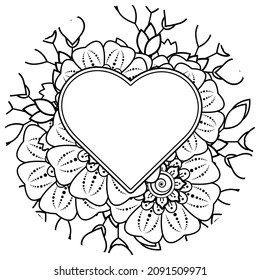 Mehndi flower with frame in shape of heart. decoration in ethnic oriental, doodle ornament.