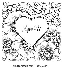 Mehndi flower with frame in shape of heart. decoration in ethnic oriental, doodle ornament.