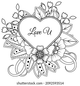 Mehndi flower with frame in shape of heart. decoration in ethnic oriental, doodle ornament.