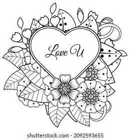 Mehndi flower with frame in shape of heart. decoration in ethnic oriental, doodle ornament.