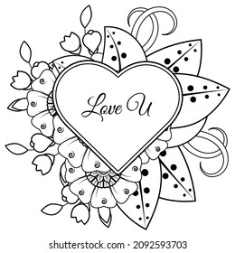 Mehndi flower with frame in shape of heart. decoration in ethnic oriental, doodle ornament.
