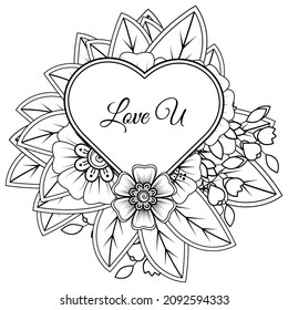 Mehndi flower with frame in shape of heart. decoration in ethnic oriental, doodle ornament.