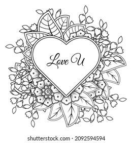 Mehndi flower with frame in shape of heart. decoration in ethnic oriental, doodle ornament.