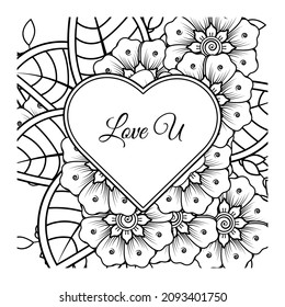 Mehndi flower with frame in shape of heart. decoration in ethnic oriental, doodle ornament.