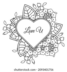 Flor de Mehndi con marco en forma de corazón. decoración étnica oriental, adorno de doodle.
