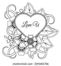 Mehndi flower with frame in shape of heart. decoration in ethnic oriental, doodle ornament.