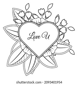 Mehndi flower with frame in shape of heart. decoration in ethnic oriental, doodle ornament.