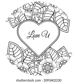 Flor de Mehndi con marco en forma de corazón. decoración étnica oriental, adorno de doodle.