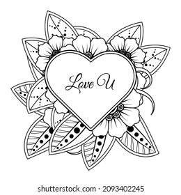 Mehndi flower with frame in shape of heart. decoration in ethnic oriental, doodle ornament.