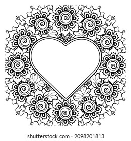 Mehndi flower with frame in shape of heart. decoration in ethnic oriental, doodle ornament.
