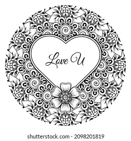 Mehndi flower with frame in shape of heart. decoration in ethnic oriental, doodle ornament.